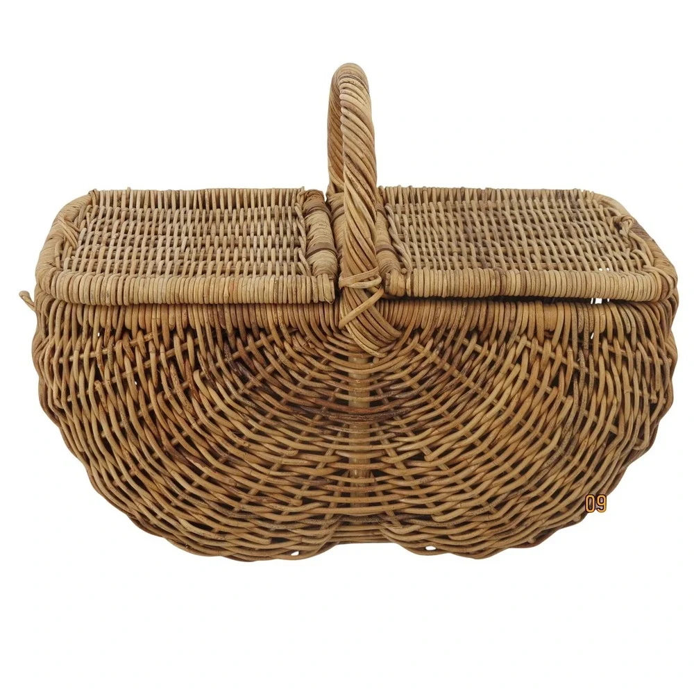 Vintage French Country Wicker Picnic Basket Double Bottom Rattan Hinged Lid